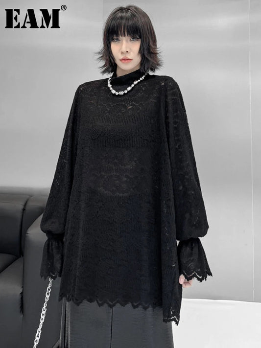 [EAM] Women Black Lace Thin Big Size Elegant T-shirt New Turtleneck Long Flare Sleeve Fashion Tide Spring Autumn 2025 1DH9265