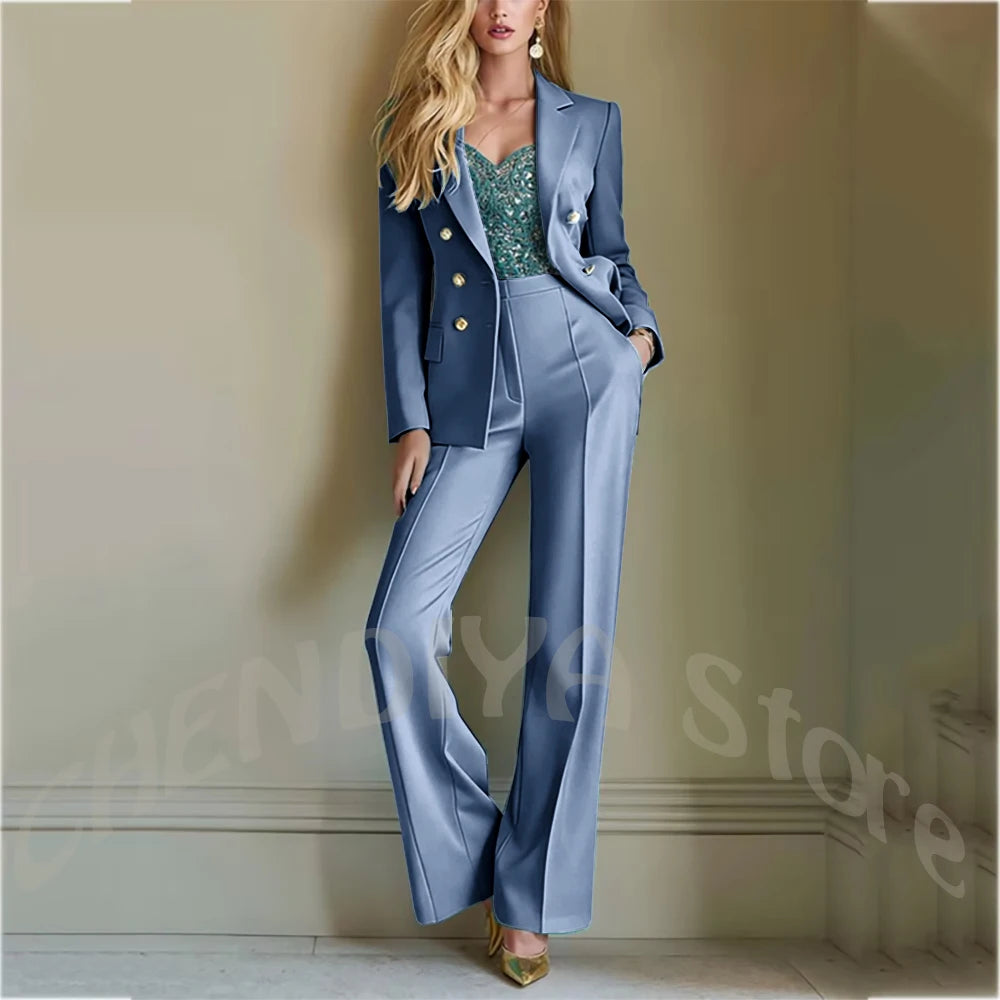 Solid Color Suit For Women High Quality Double Breasted Two Piece Notch Lapel Slim Fit Elegant Fashion Female Outfit Jacket Pant