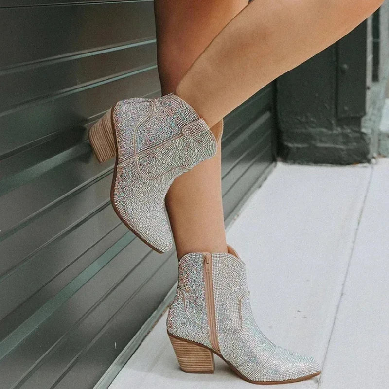 Glitter Western Ankle Boots With High Heels for Women