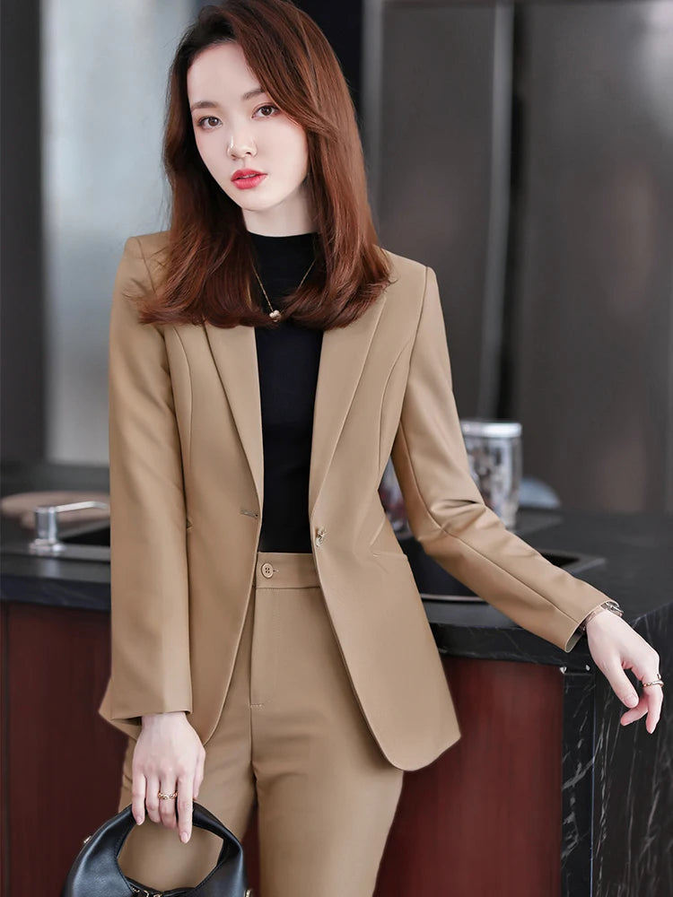 Women Blue Navy Black Formal Blazer Pant Suit Female Solid Jacket and Trouser 2 Piece Set For Office Ladies Winter Work Wear