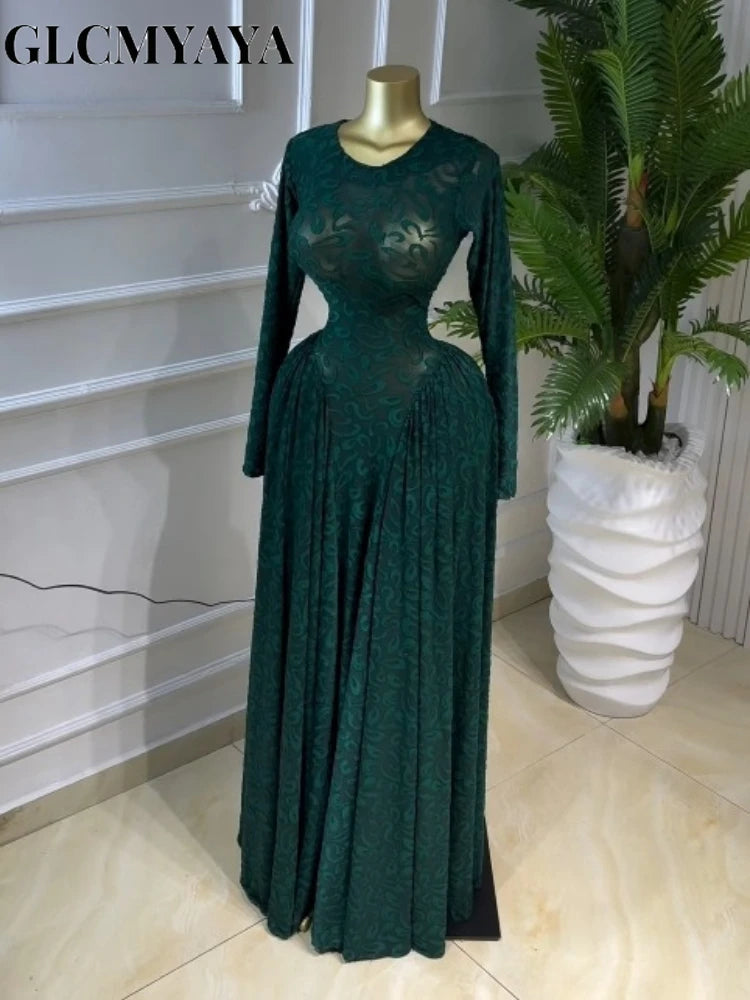 Elegant Pleated O Neck Long Sleeve Maxi Dress For Women