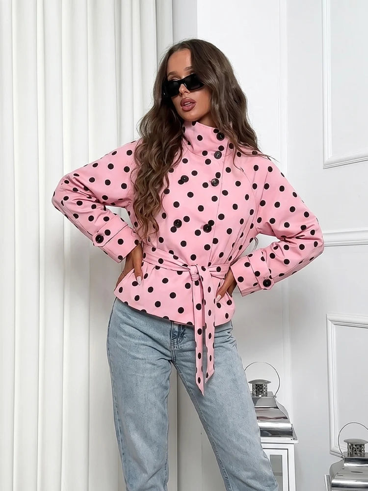 Polka Dot Double Breasted Belted Chic Jacket for Women