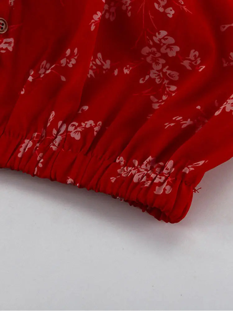 Red Print Butterfly Sleeve Hollow Out Skirt Set for Women