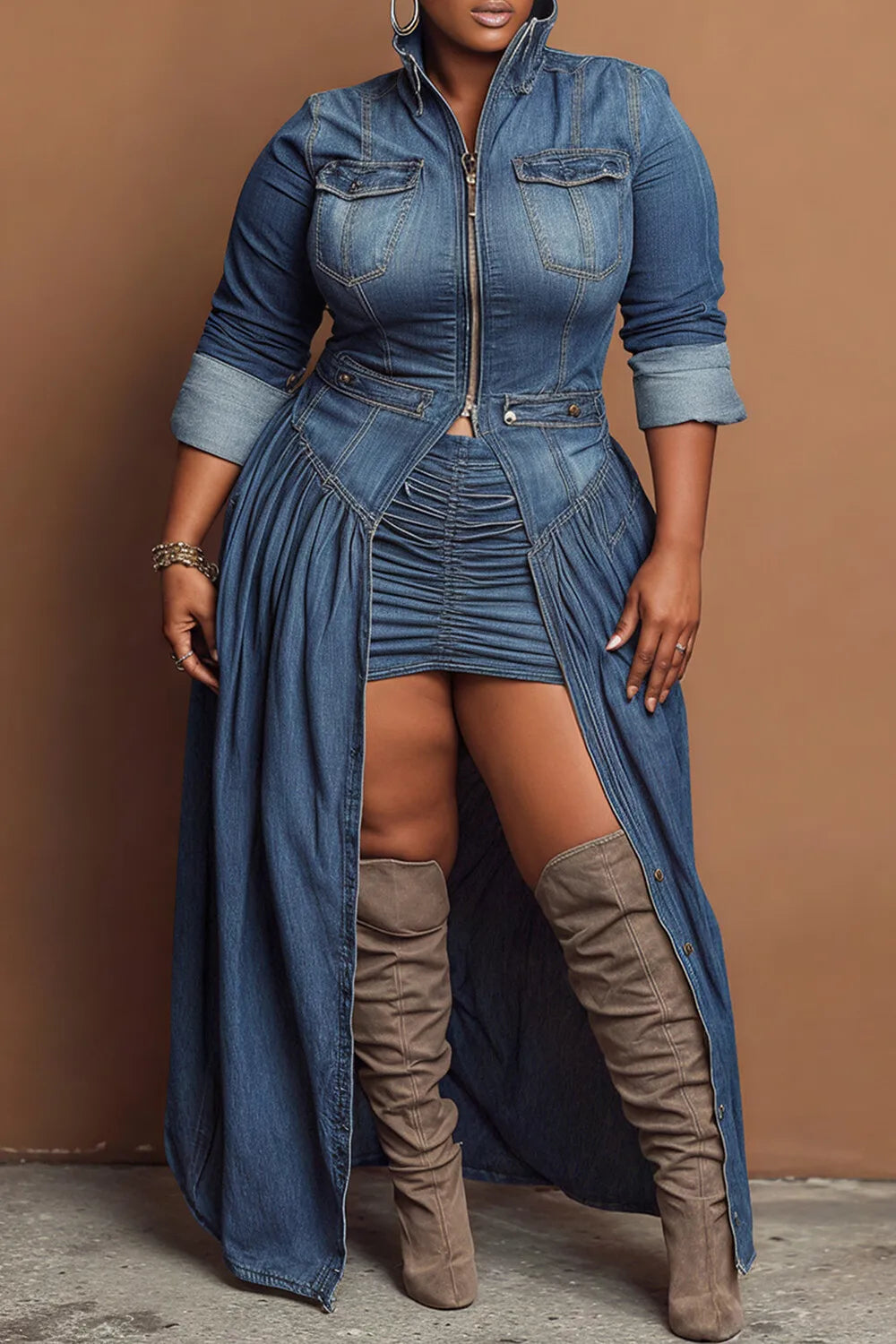 Plus Size Festival Blue High Collar Long Sleeve Zipper Denim Coat for Women