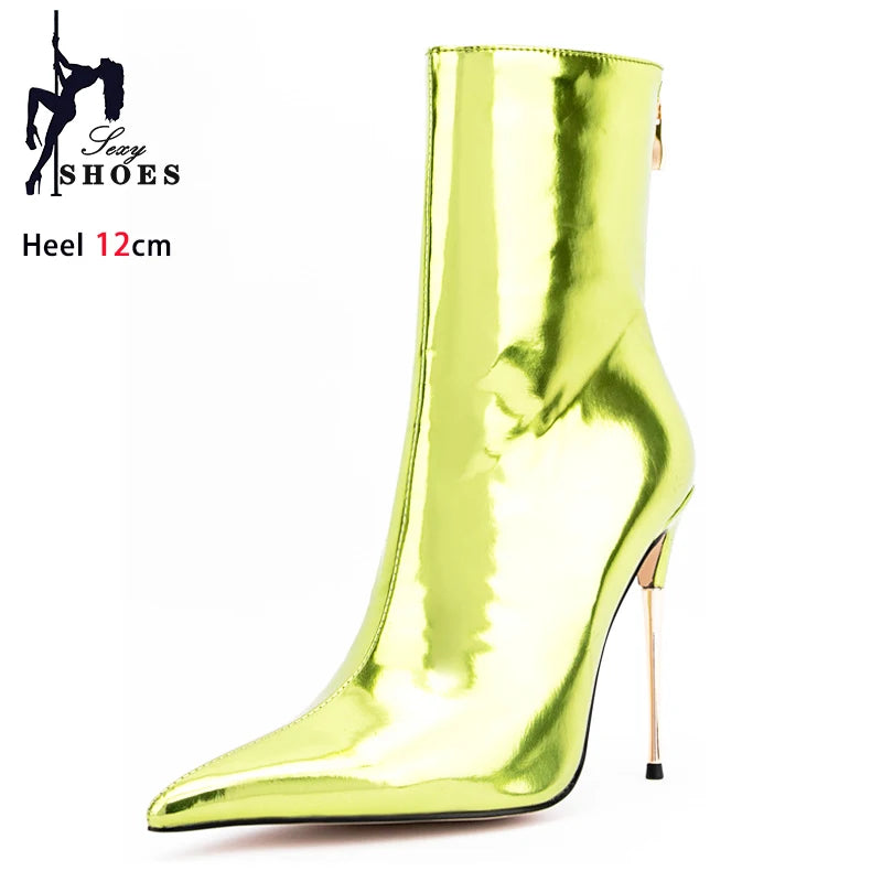 Shiny Blue Mirror Stiletto Boots with Side Zipper for Women