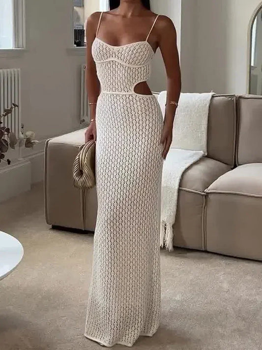 2024 Sexy See-through V Neck Cut Out Knit Beach Maxi Dress Summer Women's Holiday Elegant Outfit Swimsuit Cover Up Tunic A3094