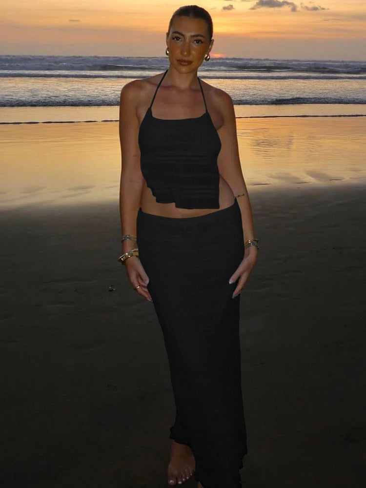 Elegant Backless Halter Two Piece Skirt Set for Women