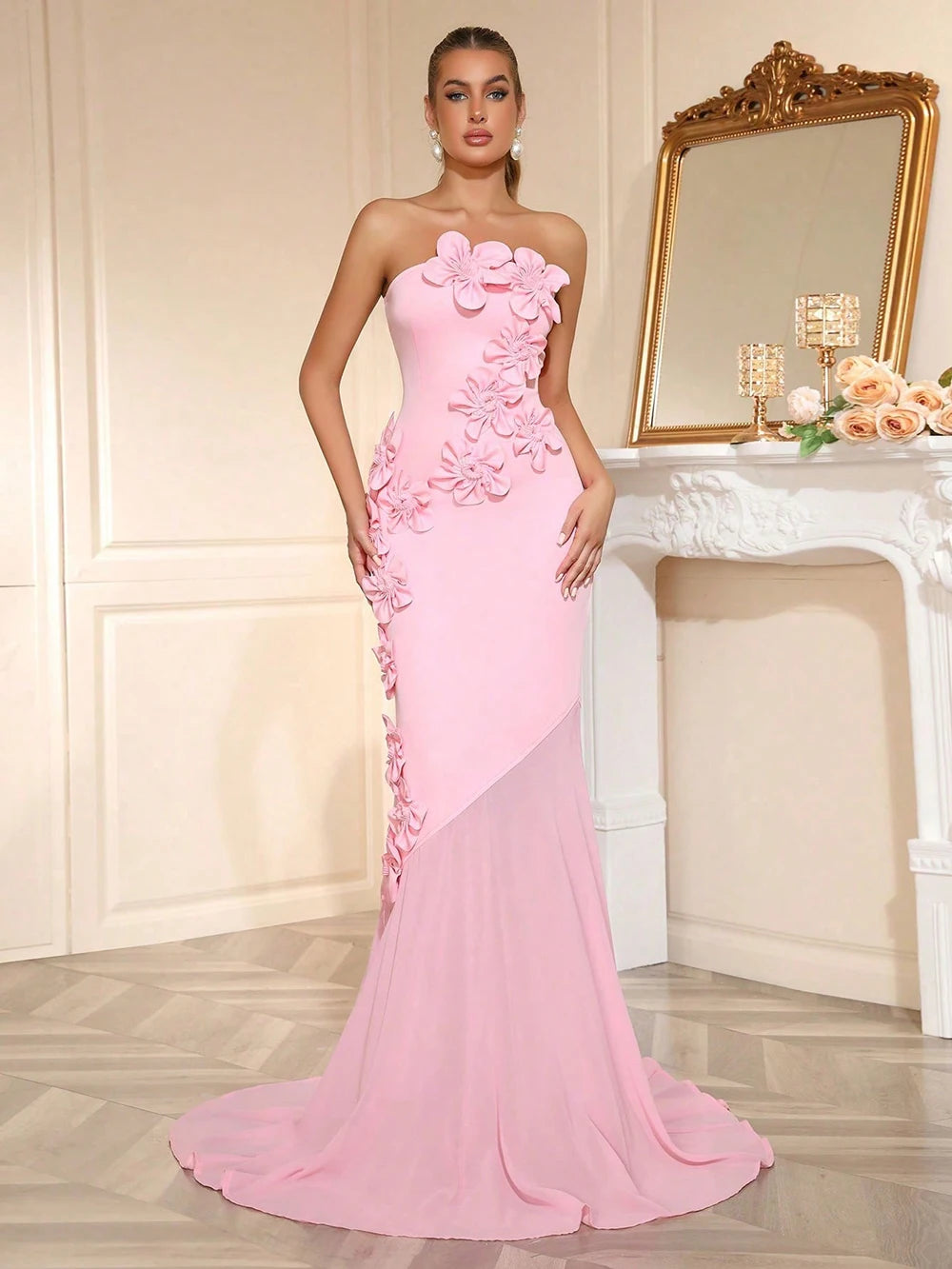 Modphy Pink Strapless Patchwork Appliques Slim Fit Mermaid Dress Women'S Off Shoulder Long Dress Elegant Evening Party Gowns