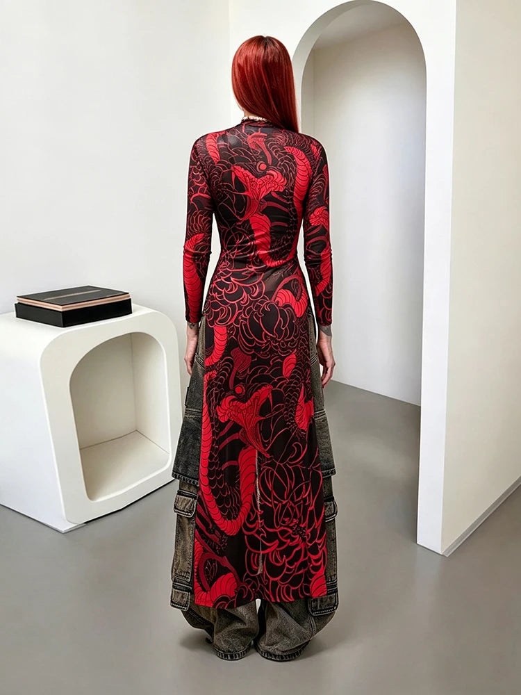 Snake Print Sheer Turtleneck Long Sleeve Top for Women
