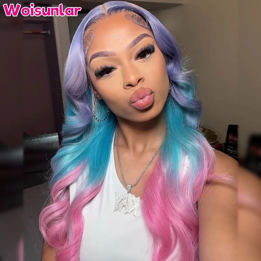 Ombre Purple Blue and Pink Front Lace Wigs Human Hair 180% 200% 13X4 Transparent Lace Body Wave For Women Human Hair Wig 100%