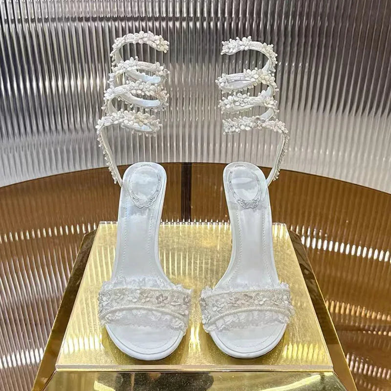 Elegant Floral Lace Strappy Stiletto Sandals for Women