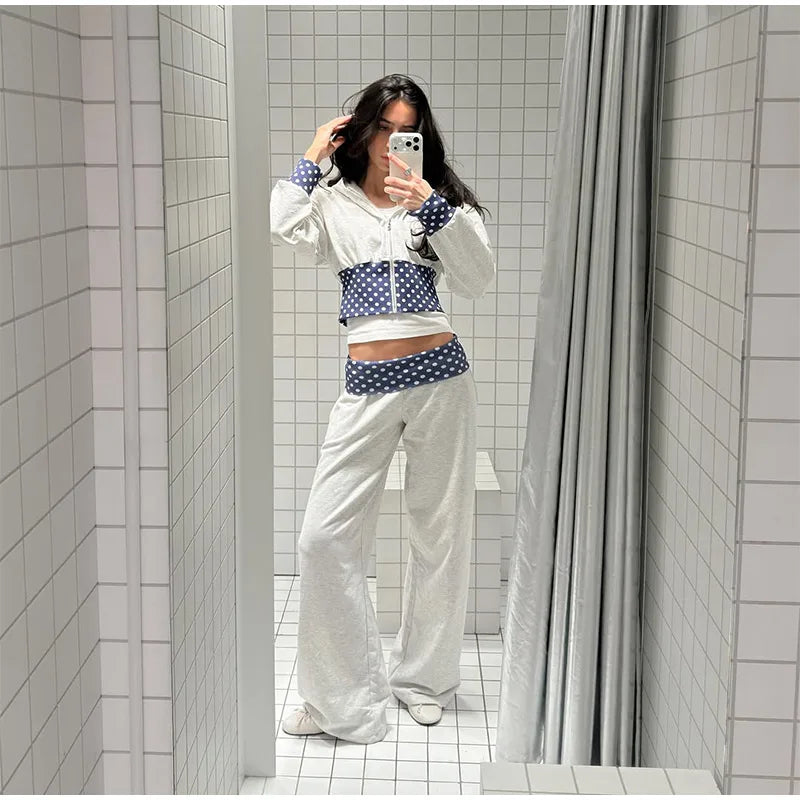 Polka Dot Hooded Zipper Crop Top And Wide Leg Pants For Women