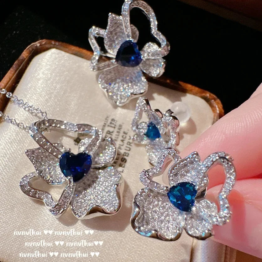 925 Silver Carved Flower Cubic Zirconia Jewelry Set for Women