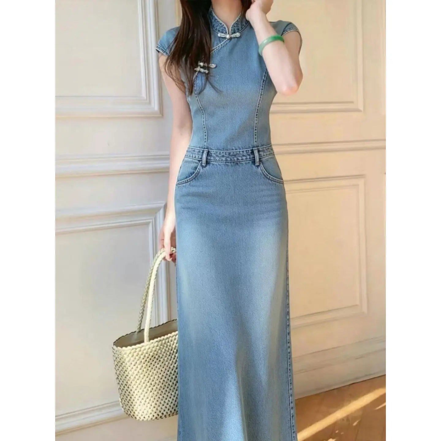 ANJY Spring Summer New Women Chinese Style Washed Denim Cheongsam Dress Elegant Vintage Design Niche Stylish Long Dresses A25172