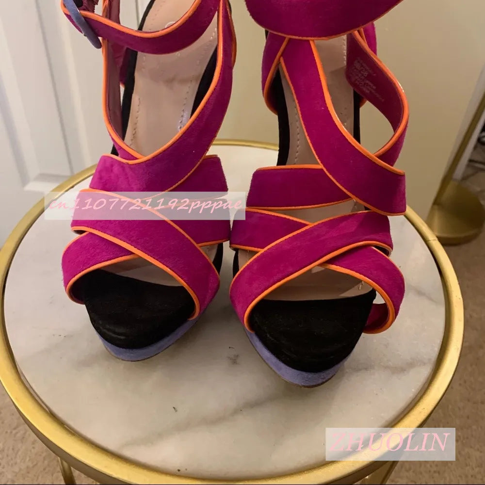 Suede Open Toe Cross Strap Buckle Platform Sandals for Women