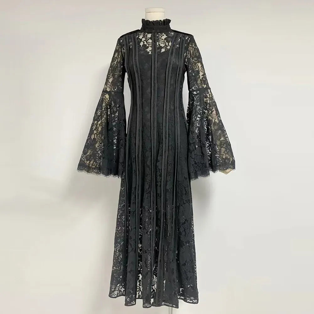 TWOTWINSTYLE Patchwork Lace Slimming Dresses For Women Stand Collar Flare Sleeve High Waist Solid Elegant Dress Female Fashion