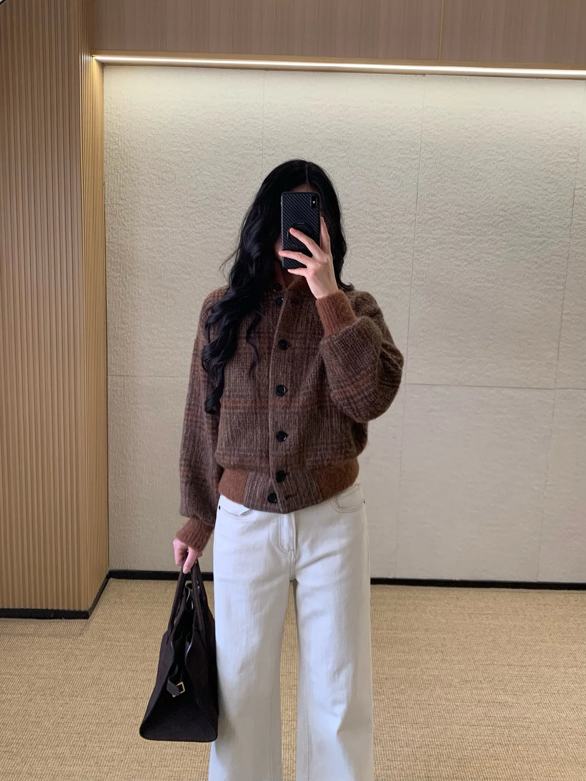 Vintage Plaid Wool Blend Stand Collar Jacket for Women
