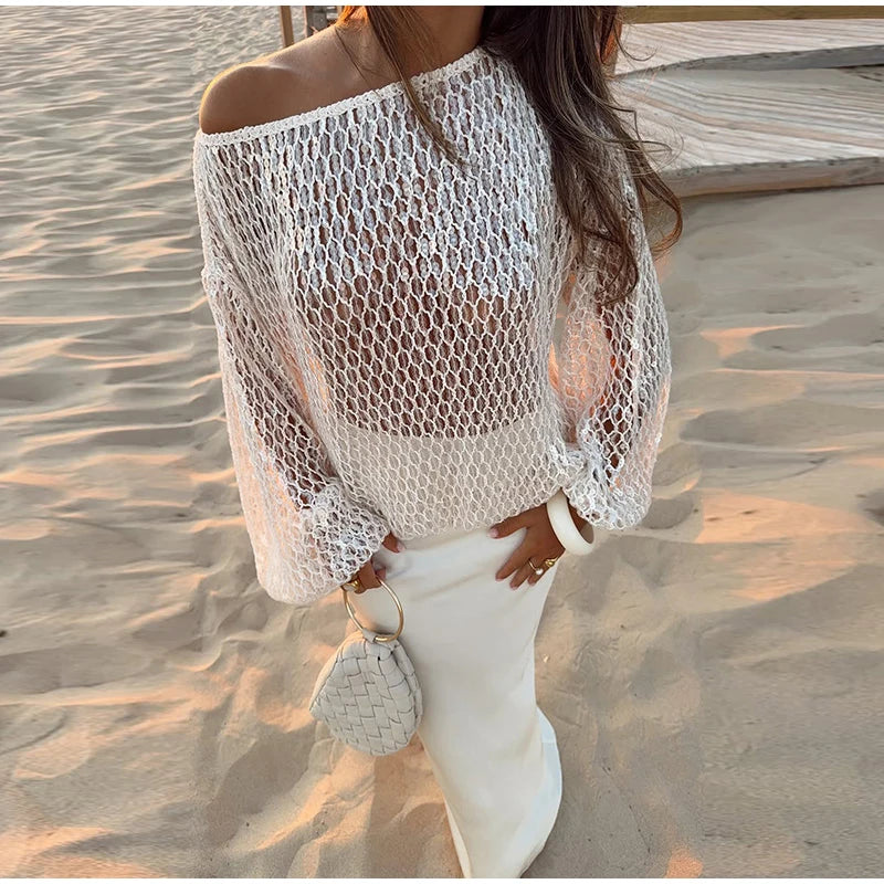 White Hollow Crochet Off Shoulder Long Sleeve Top For Women