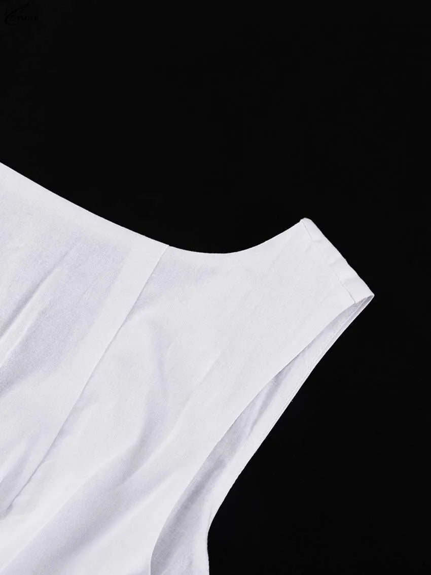 Oymimi Casual White Cotton Womens Dresses Fashion O-Neck Sleeveless Solid Dresses Elegant Open Back Ankle-Length Dress Female