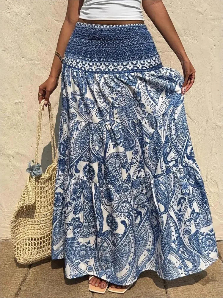 Boho Holiday Print Casual Ankle Length Maxi Skirt for Women