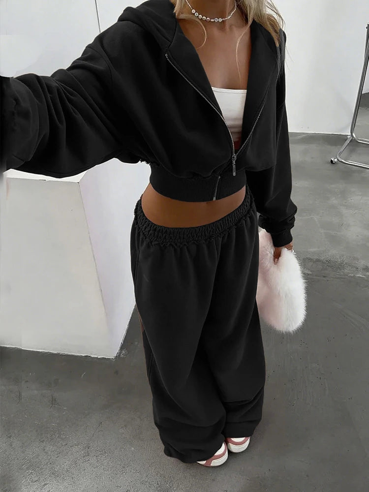 Patchwork Zip Hooded Crop Tracksuit Set