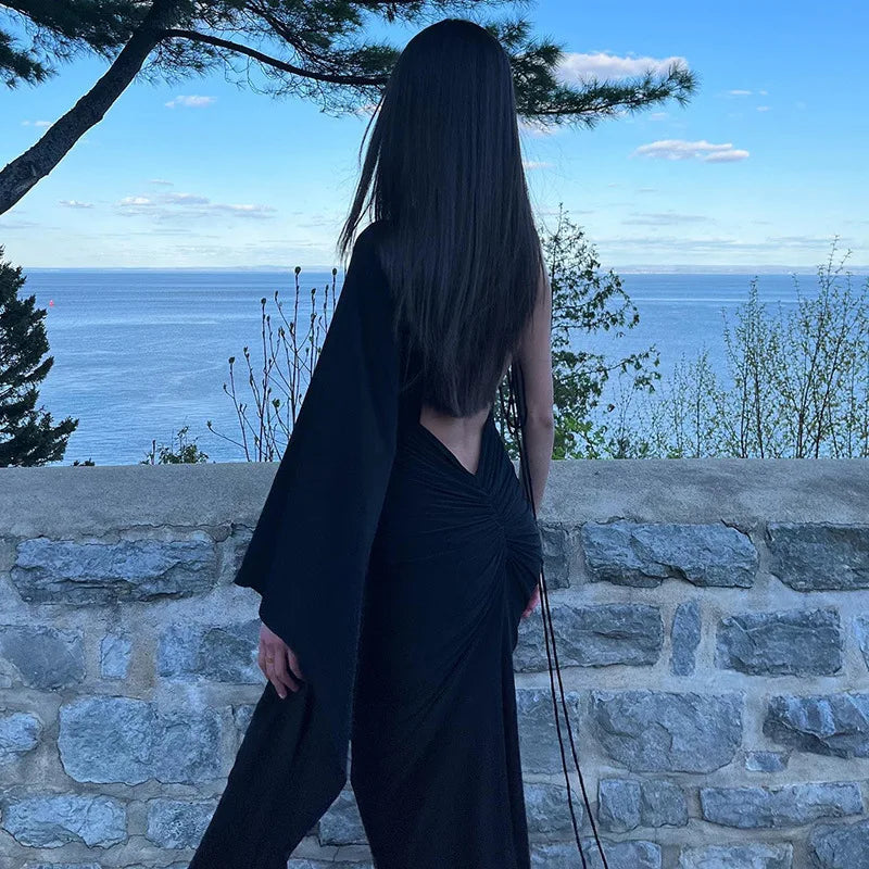 Cryptographic Fashion Draped Deep V Sexy Backless Maxi Dresses Party Club Women Elegant One Shoulder Gown Slip Dresses Ruched