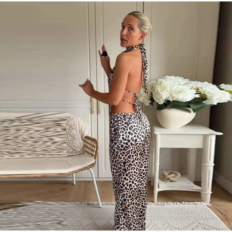 Leopard Print Halter Neck Top And High Waist Flare Pants Set For Women
