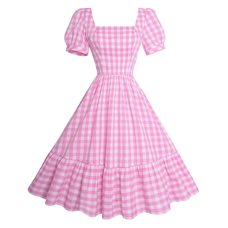 Vintage Pink Plaid Square Collar Puff Sleeve Midi Dress for Women