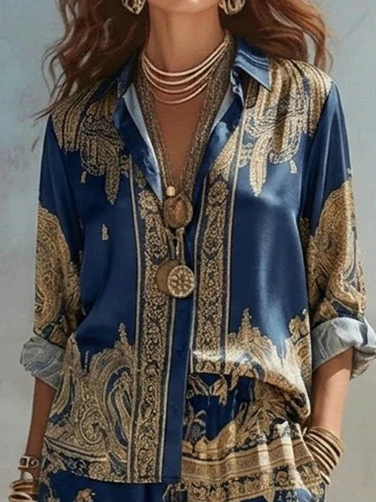 Loose Printed Shirt And Wide Leg Pants Set for Women