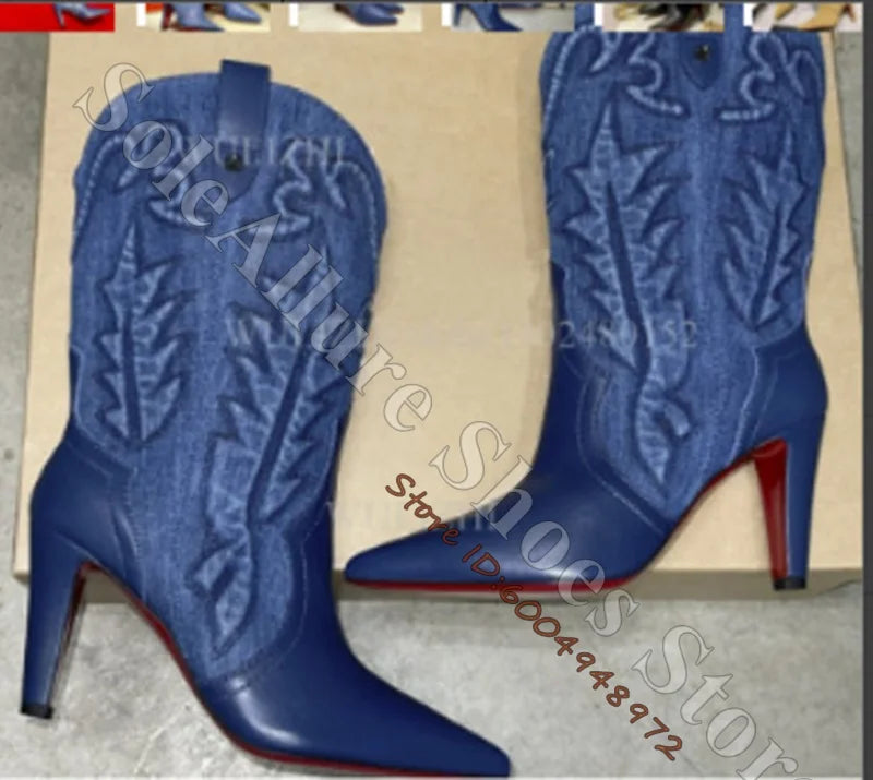 Black Embroidered Western Knee High Boots for Women
