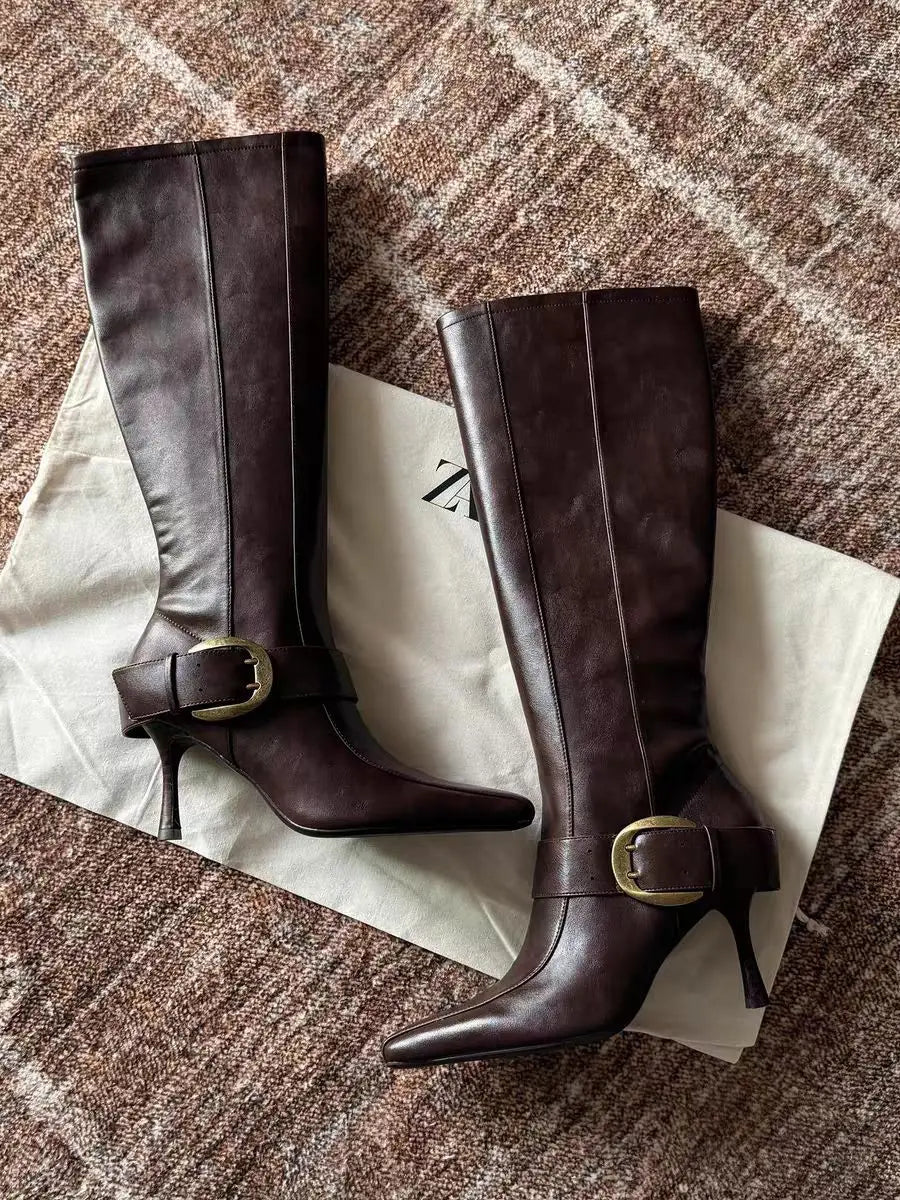 Elegant Pointed Toe Metal Buckle Mid Calf Boots for Women