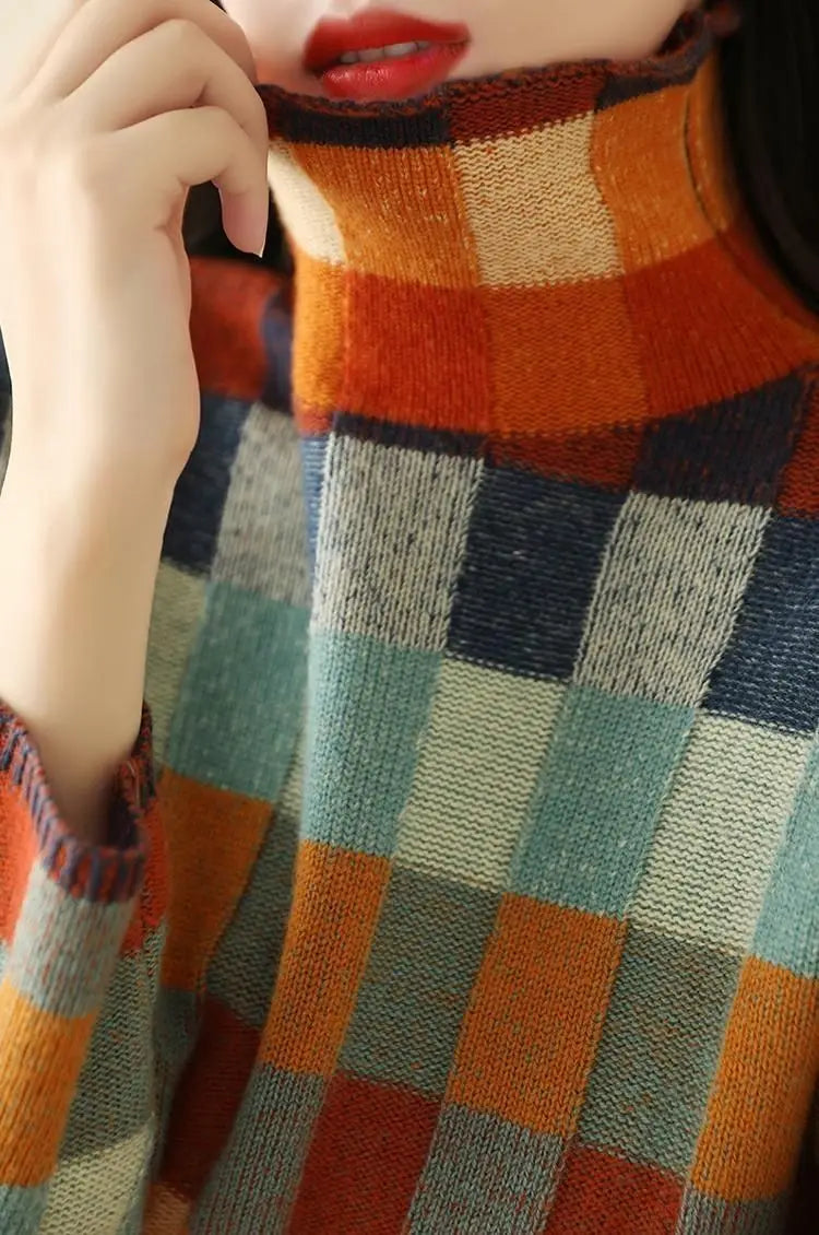 Cozy Thick Knit Turtleneck Sweater With Plaid Pattern For Women