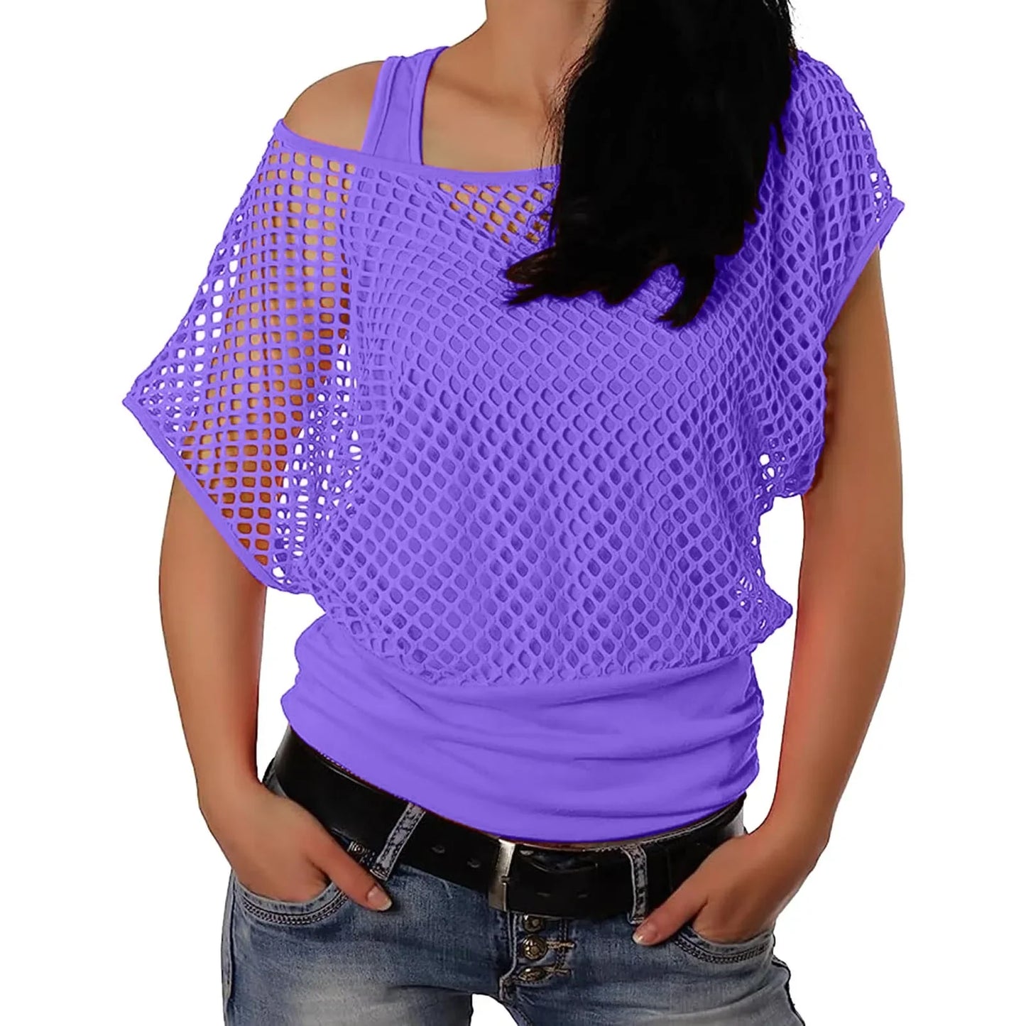 Vintage Neon Fishnet Short Sleeve Off Shoulder Top for Women