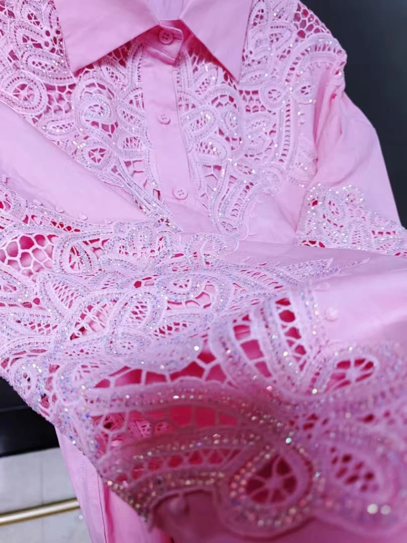 Luxury Bling Sequins Embroidery Pink Blouses Shirts for Women 2025 Autumn Lantern Sleeve Outwear Tops Camisas De Mujer