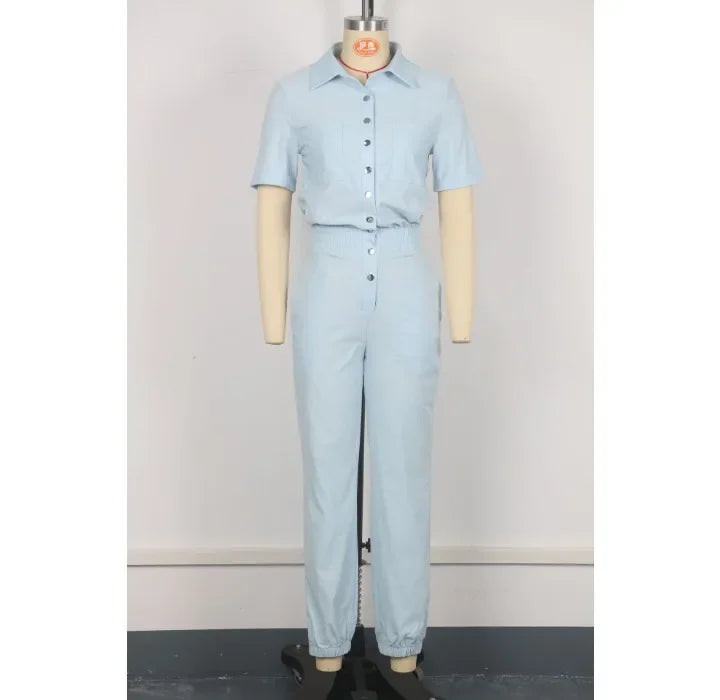 Women's Jumpsuit Summer 2025 Fashion Ankle Tied with A Lapel Pocket and Elastic Buttons At The Waist Short Sleeved Bodysuit Pant