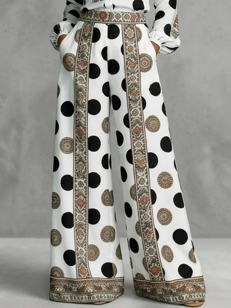 Floral Polka Dot Blouse And Wide Leg Pants Set for Women