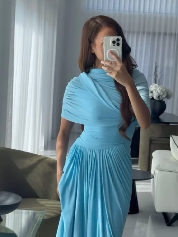 Blue Pleated Shawl Maxi Dress Women Elegant Short Sleeve Slim Fit Evening Party Robe 2025 Autumn Summer Chic Solid New Vestidos