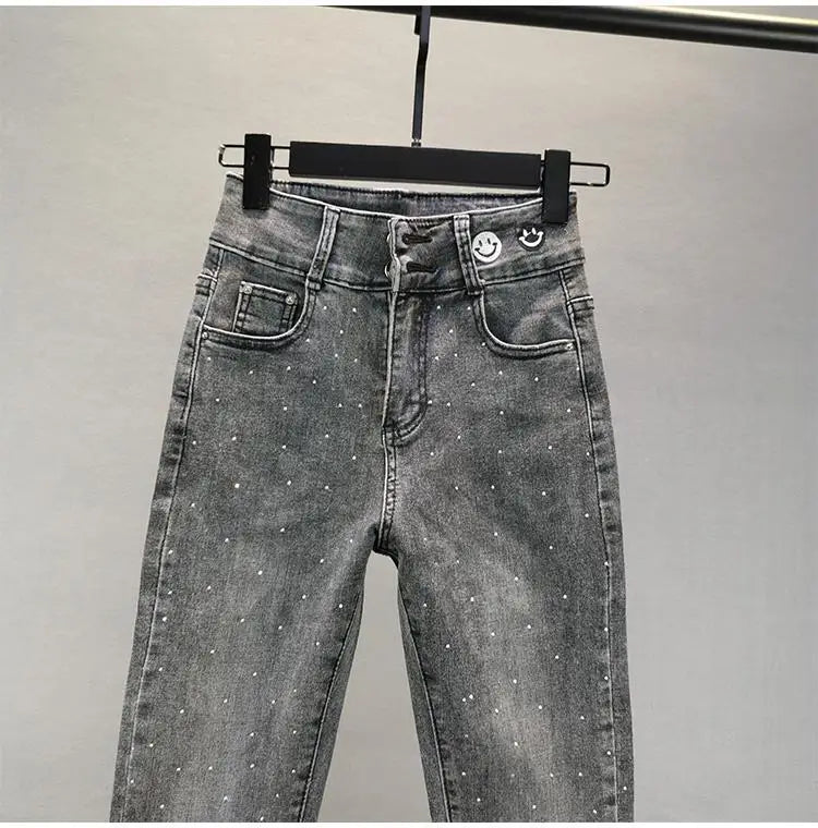 Washed Vintage Elastic Slim Light Denim Jeans for Women