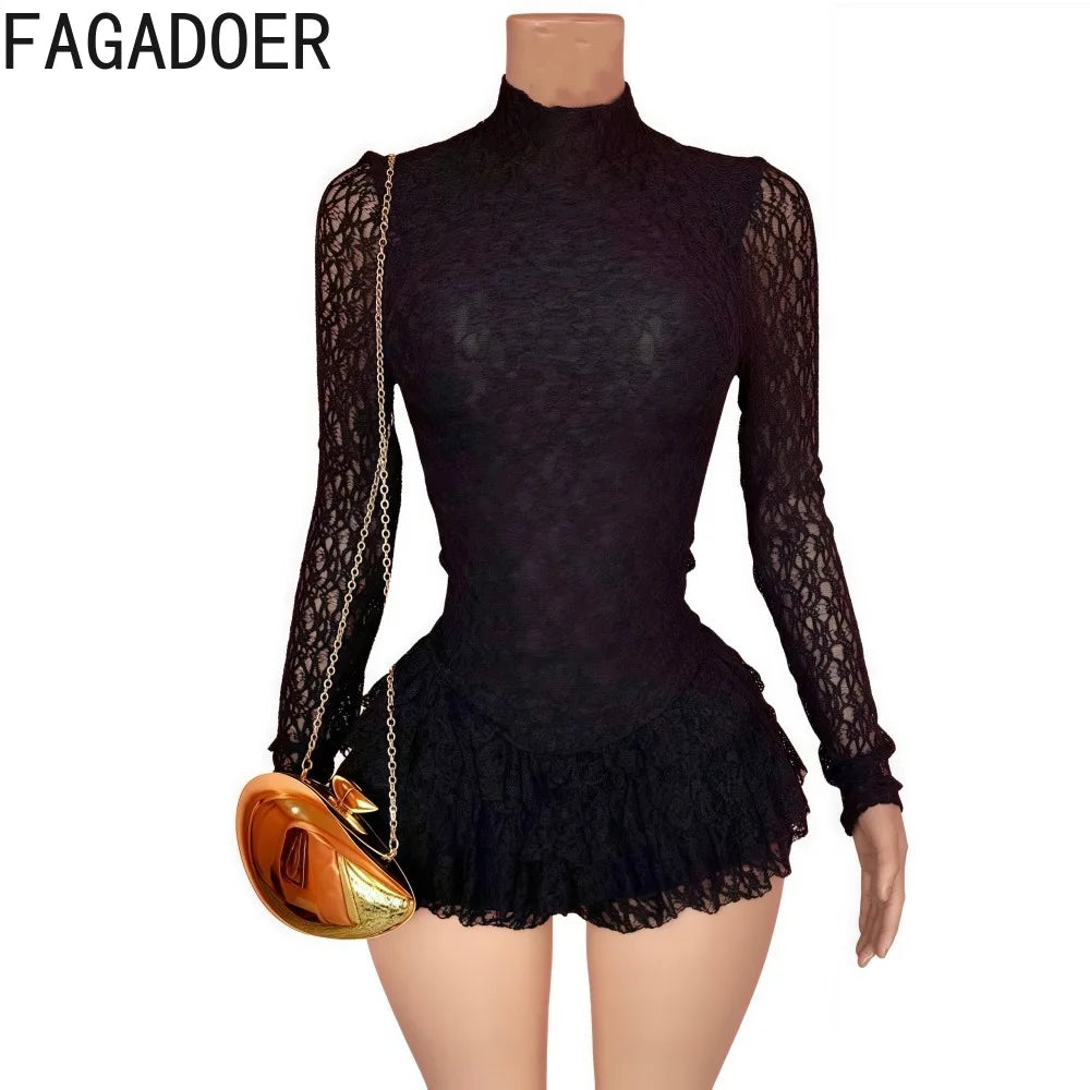 FAGADOER Sexy Lace Ruffle Patchwork Bodycon Romper Woman See Through Long Sleeves One Piece Jumpsuits Female Nightclub Overalls