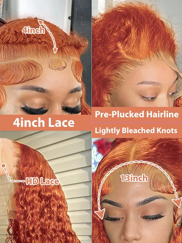 250 Density Orange Ginger Colored Lace Front Wig 30 36 Inch Curly 5x5 6x6 HD Closure Wig Deep Wave 13x4 13x6 HD Lace Frontal Wig