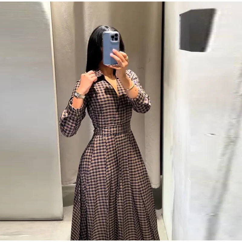 Elegant Plaid Women's Long Dresses Loose Tie Up Bow Laple Full Sleeve A-line Dress For Woman 2026 Spring New Lady Party Robes