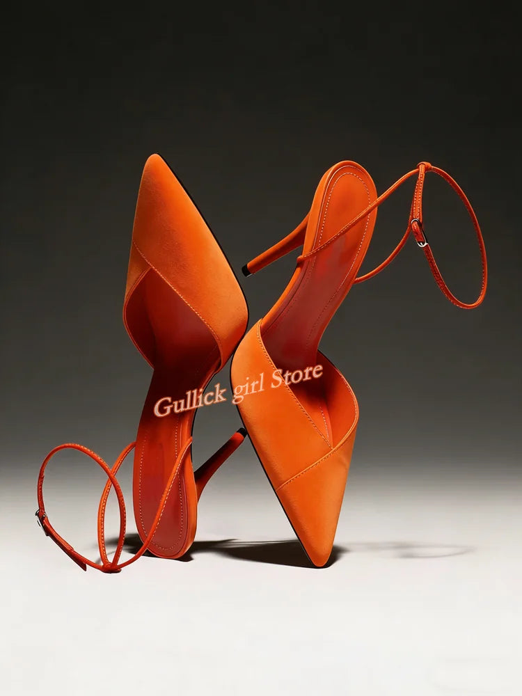 Red Suede Pointed Toe Stiletto Pumps With Ankle Strap for Women