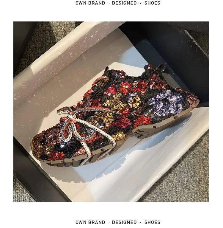 Sparkling Crystal Platform Lace Up Sneakers for Women