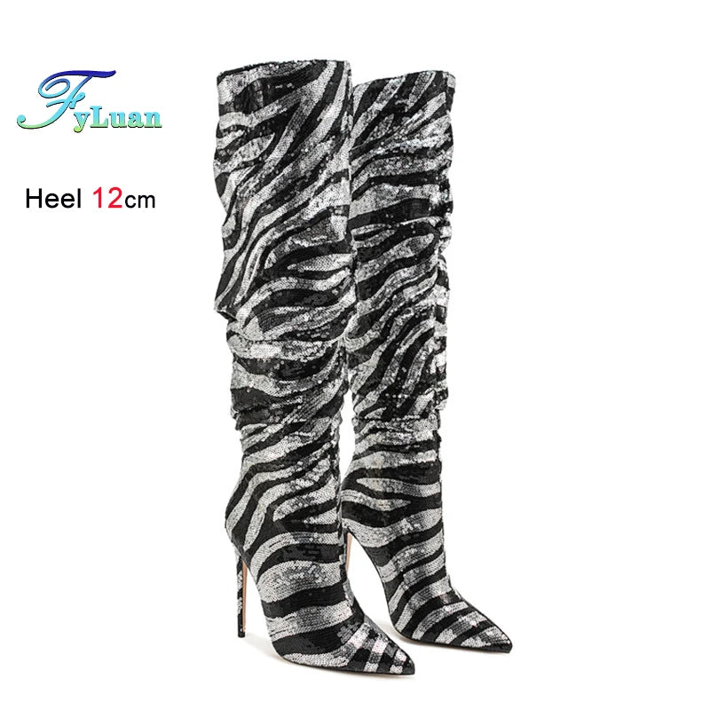 Sequined Pointed Toe Knee High Heeled Boots for Women