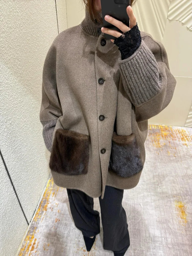 Loose Knit Fur Standup Collar Long Sleeve Pocket Cardigan for Women