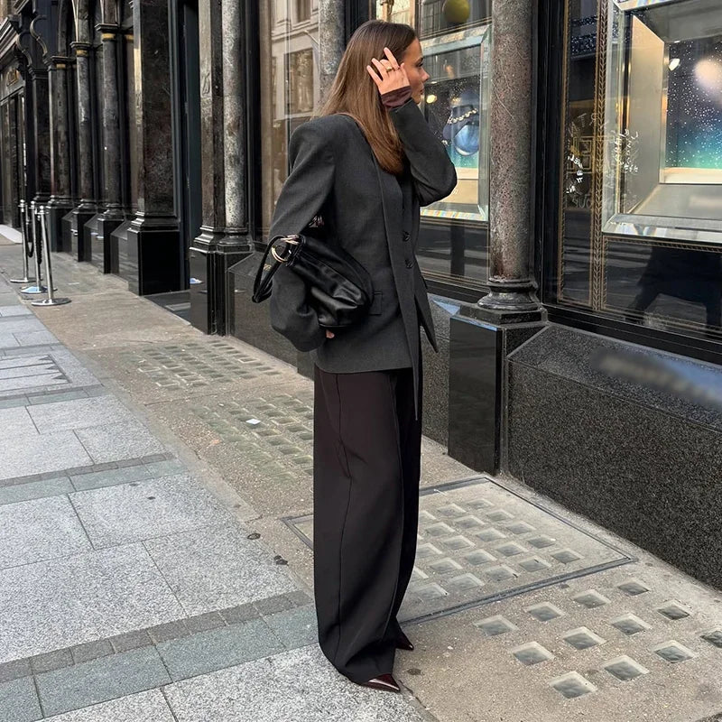 Elegant Slim V-Neck Scarf Trim Blazer Coat for Women