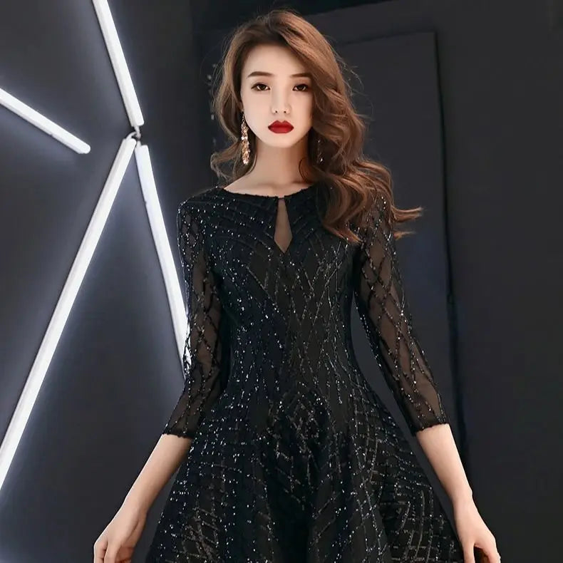 Black O-Neck Mid-Calf Evening Dress With Tatting For Women