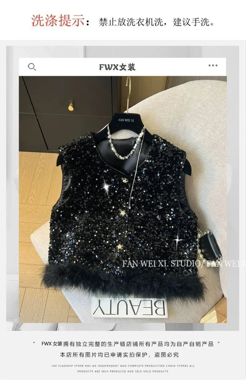Elegant Retro Chinese Style Sequined Knit Vest for Women