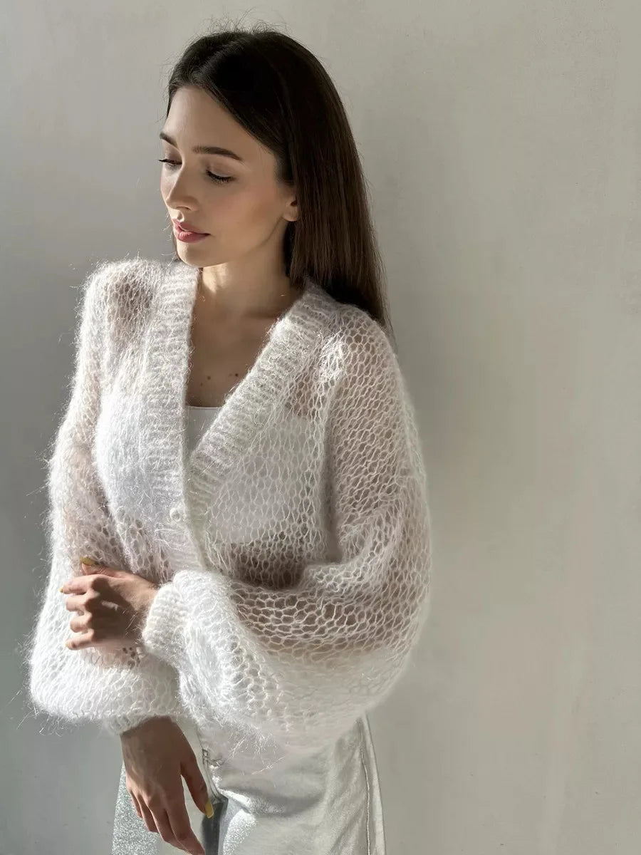 Loose Fit Open Knit V Neck Cardigan Sweater for Women