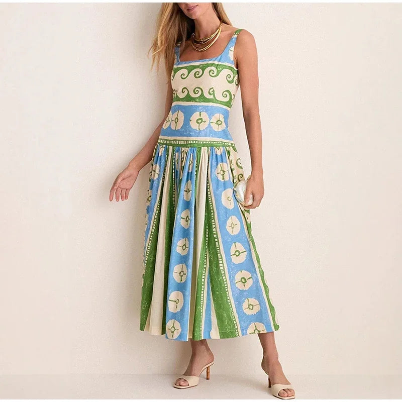 Printed Sleeveless Backless V Neck Midi Dress for Women
